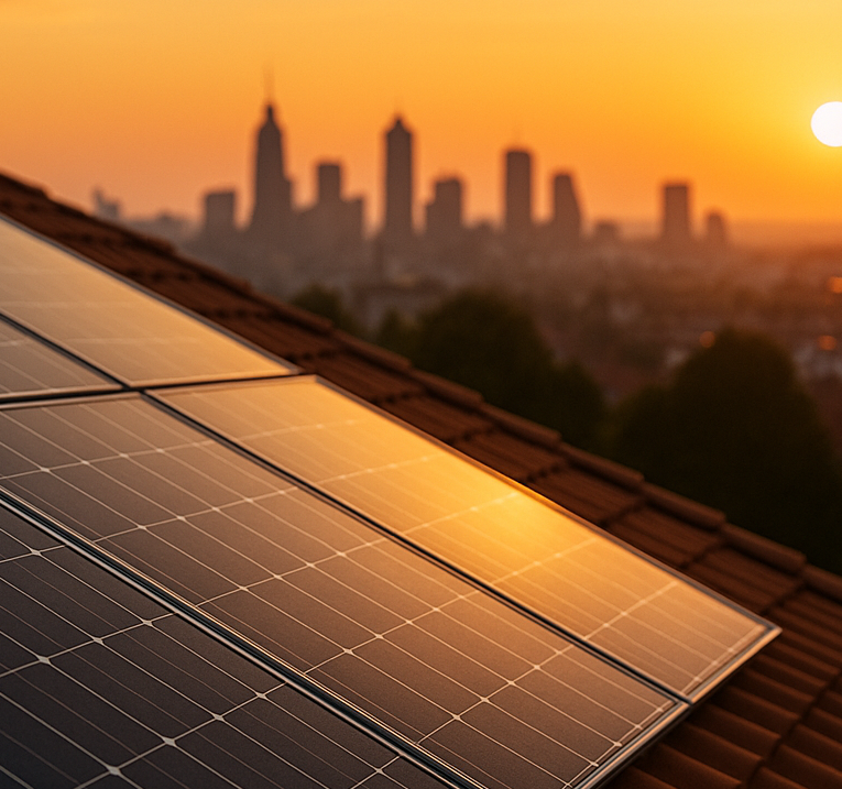 Solaranlagenreinigung in Gera – schonende Reinigung auf Dach mit Blick auf Skyline