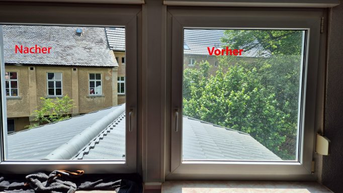 Doppelfenster in Posterstein – linke Seite stark verschmutzt, rechte Seite nach Glasreinigung sichtbar sauber